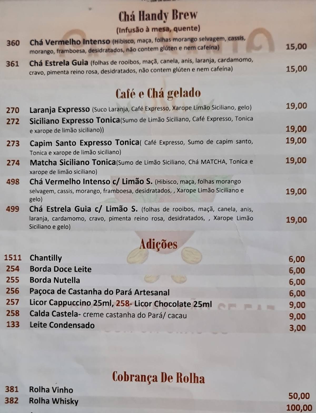 Menu em Café Santo, Belém
