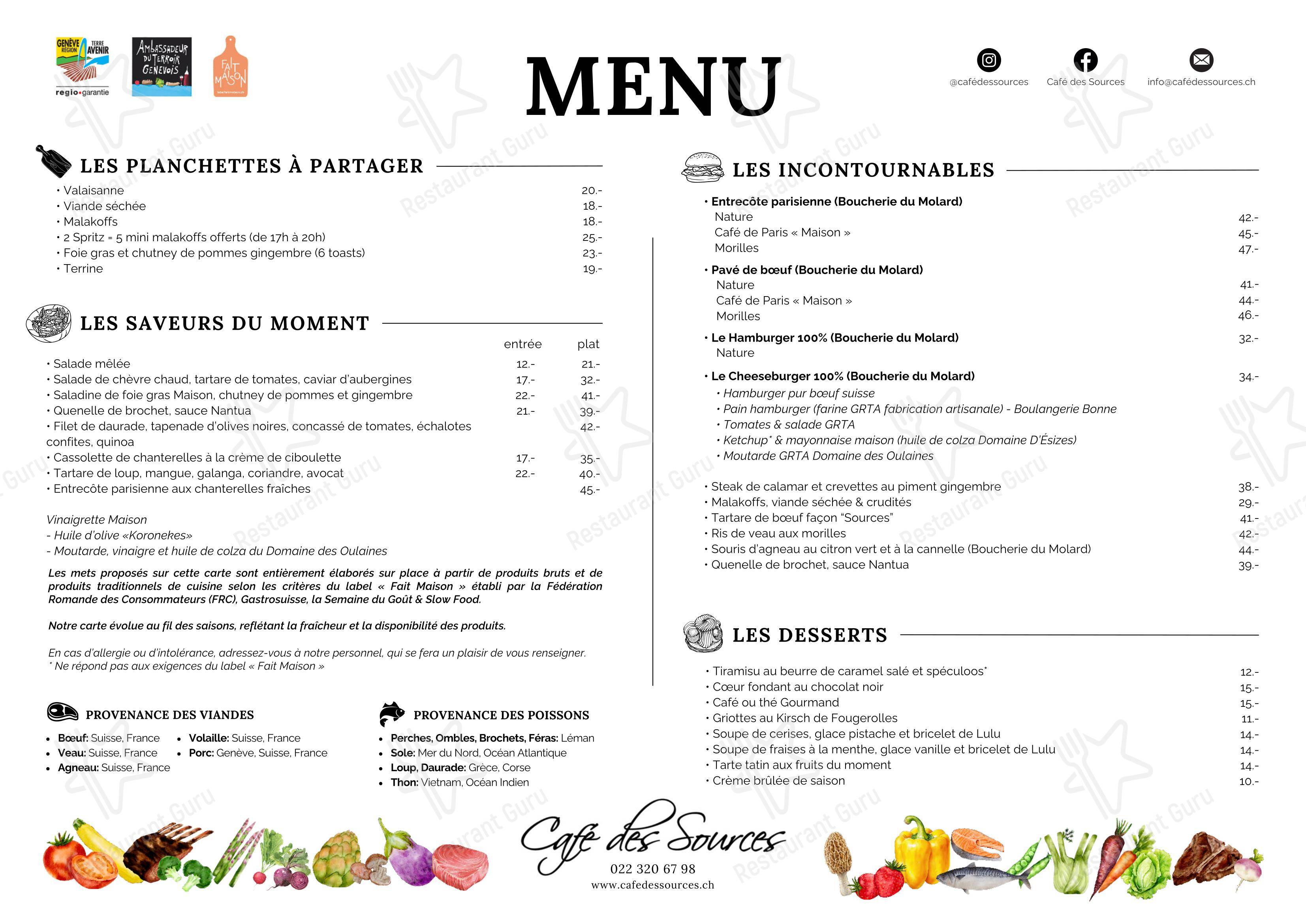 Menu di Café des Sources - Menu