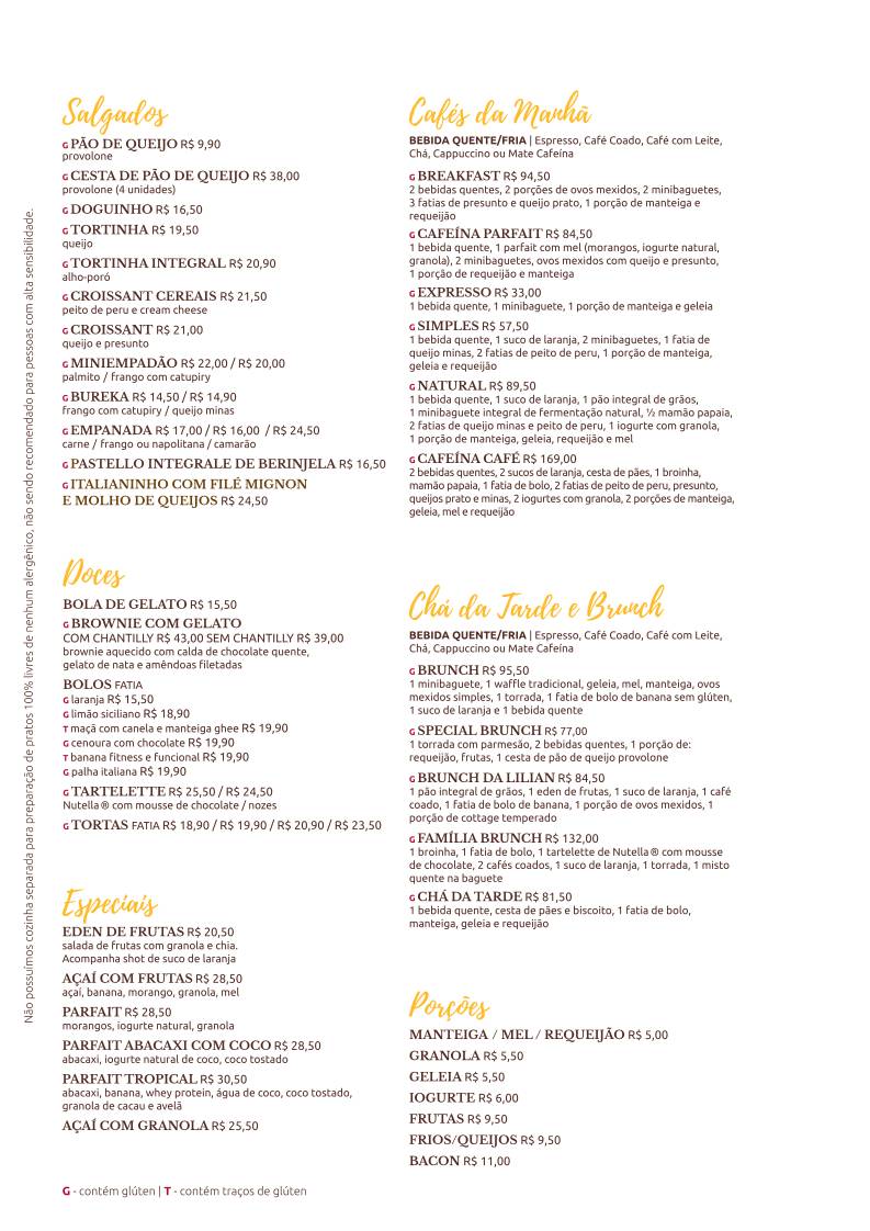 Cafeína Barra cardápio