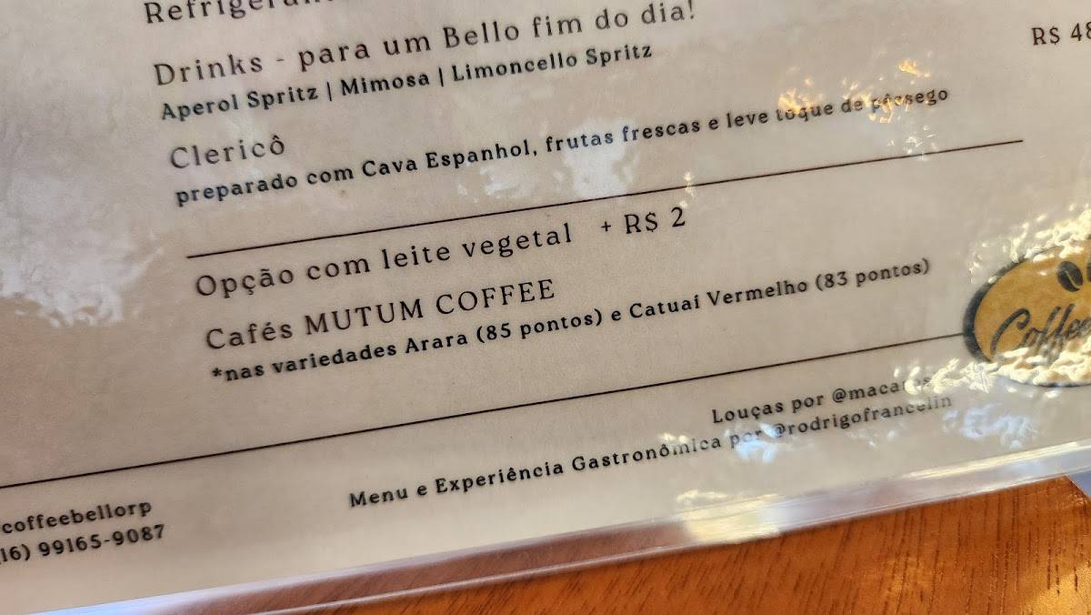 Cafeteira Coffee Bello cardápio