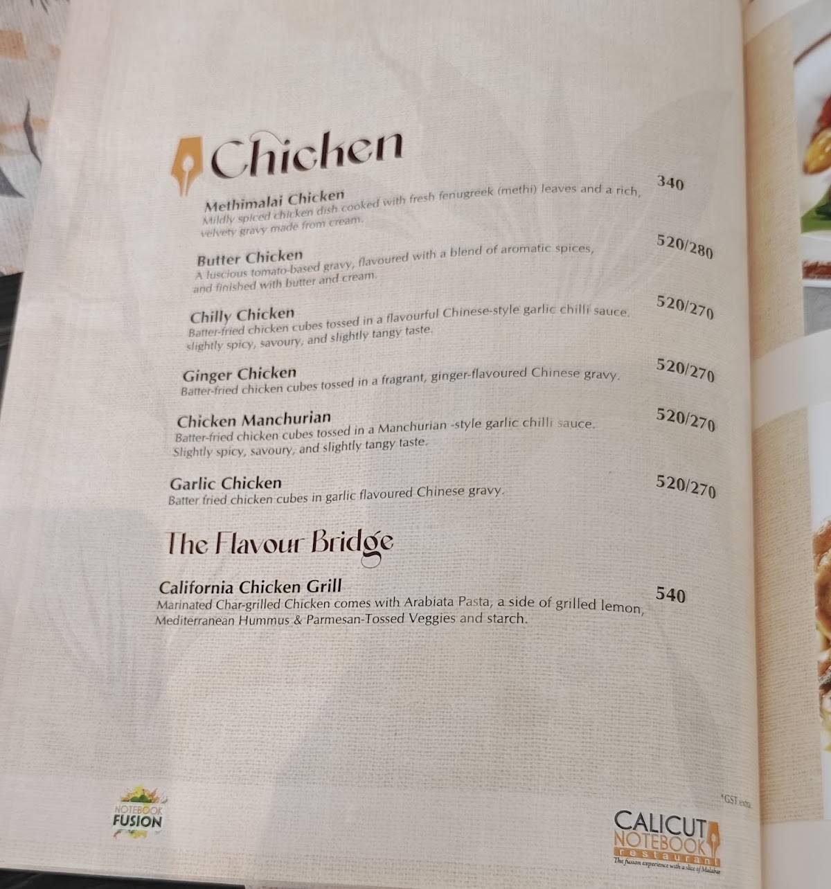 Calicut Notebook Restaurant menu