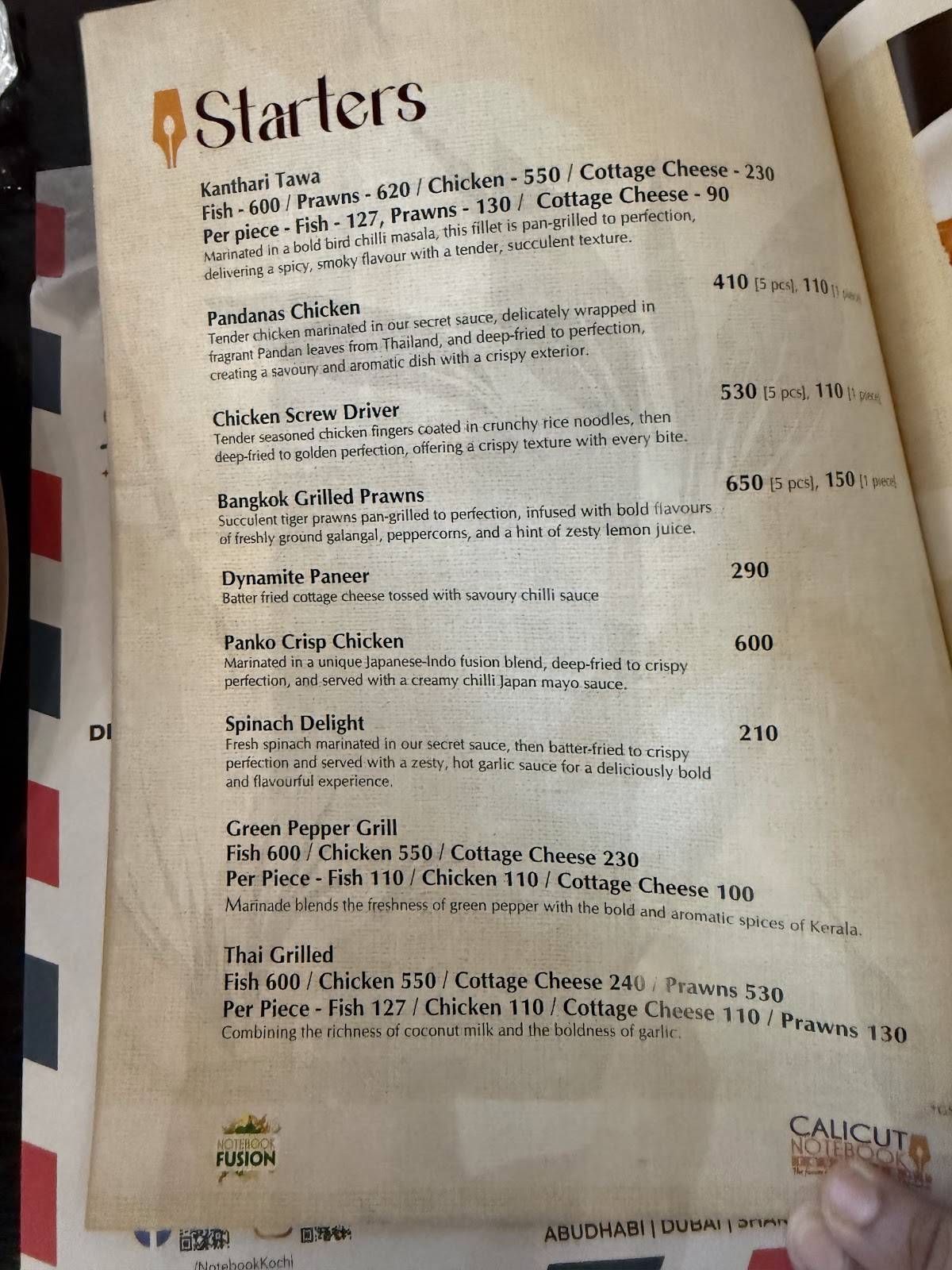 Calicut Notebook Restaurant menu