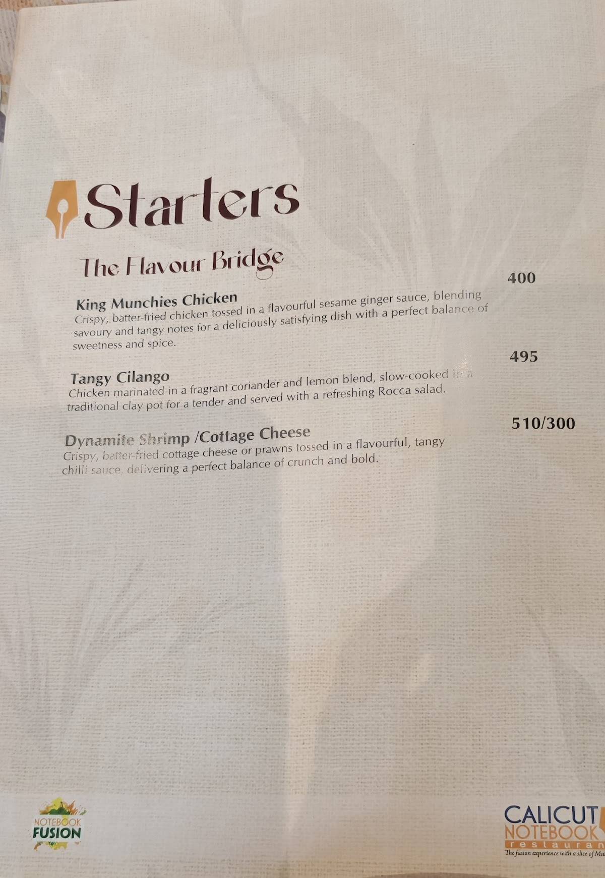 Calicut Notebook Restaurant menu
