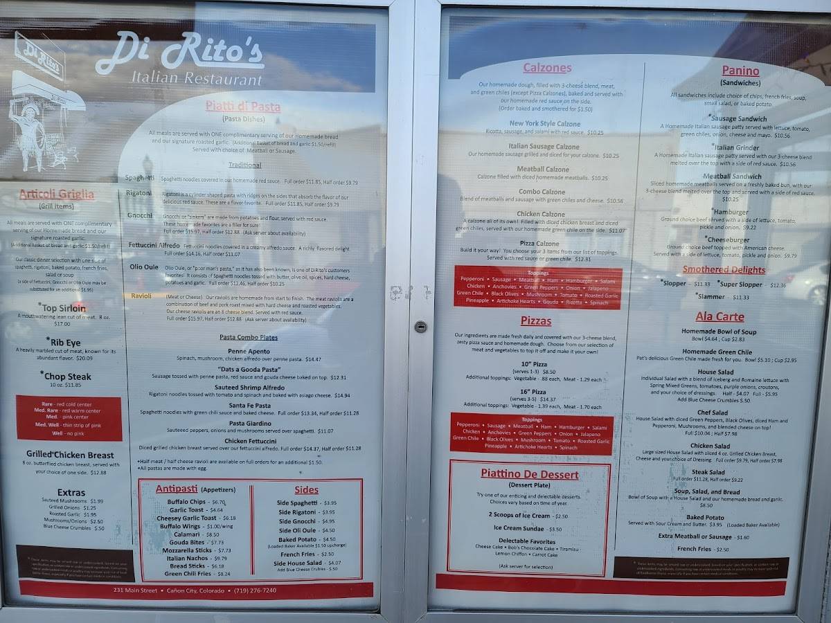 Menu at DiRito’s Italian Restaurant, Cañon City