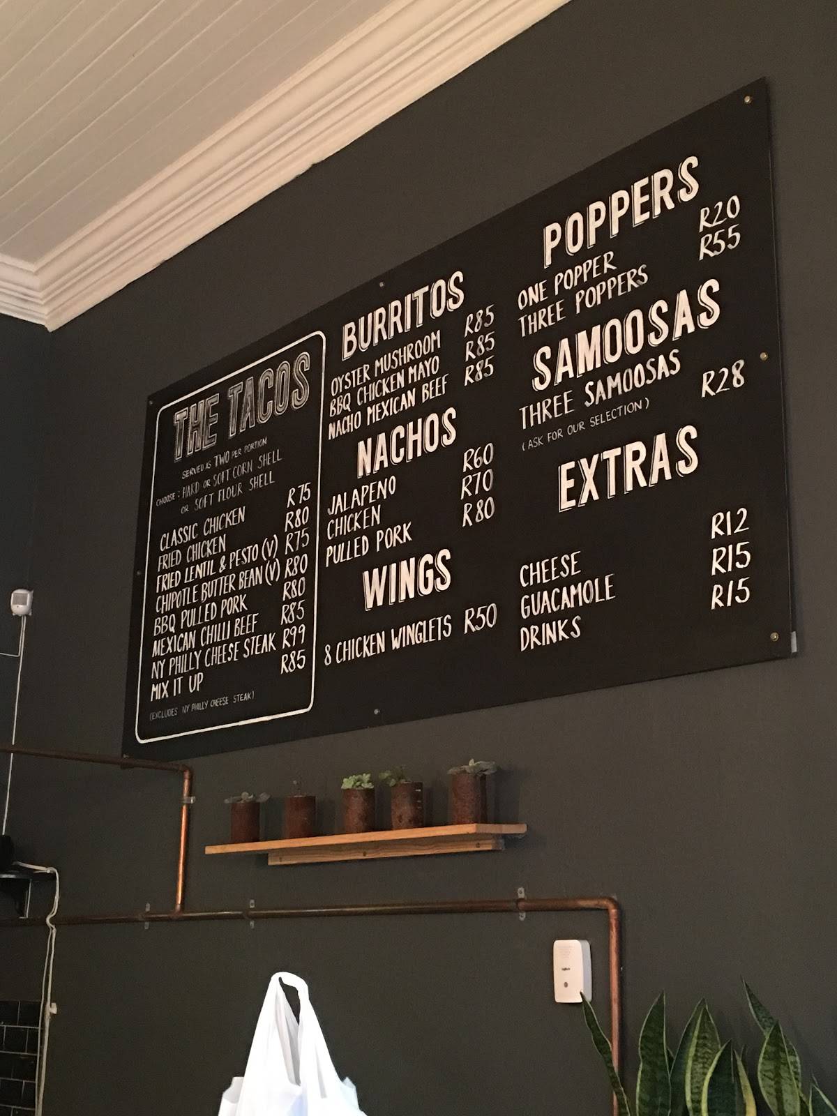 Menu at Tacos Locos restaurant, Cape Town