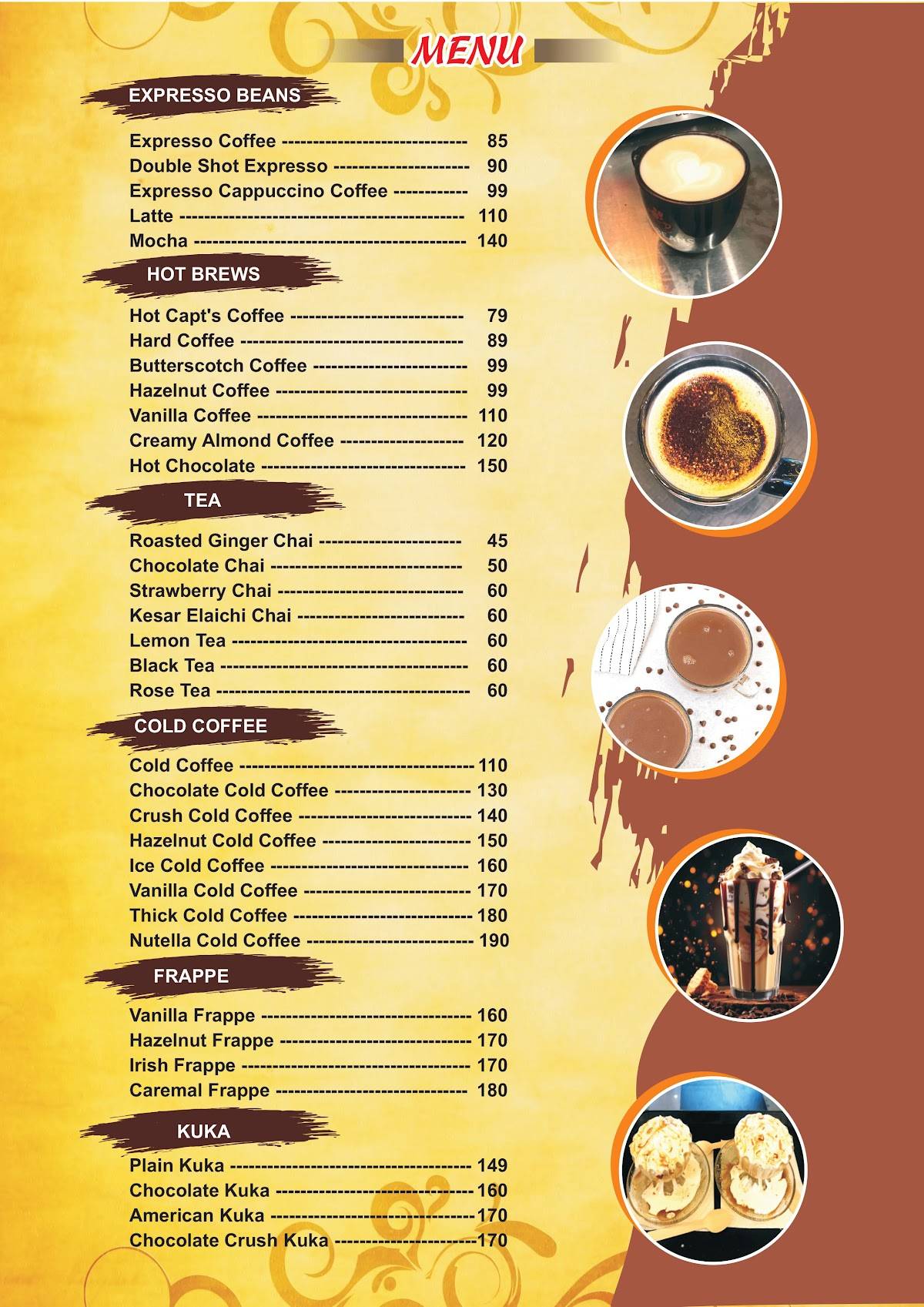 Capt's Cafe Beans The Coffee Lounge menu