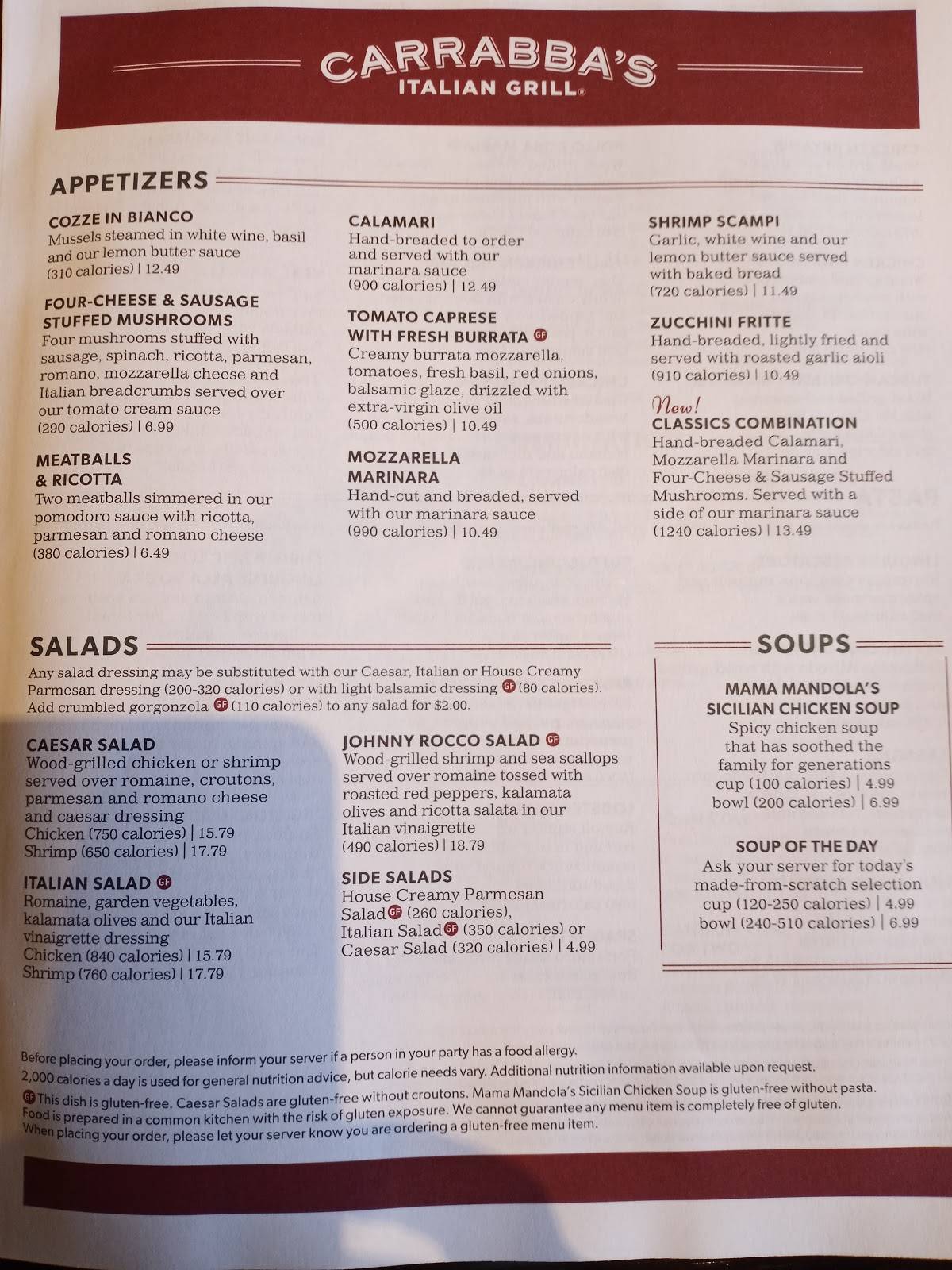Menu at Carrabba's Italian Grill pub & bar, Smithtown