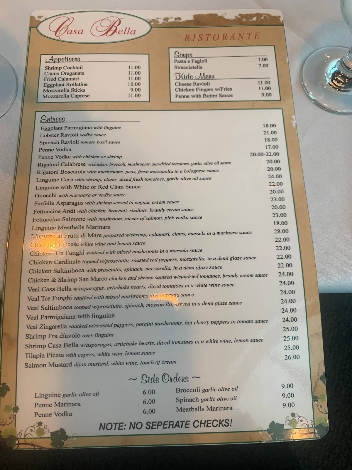 Menu at Casa Bella restaurant, Scranton