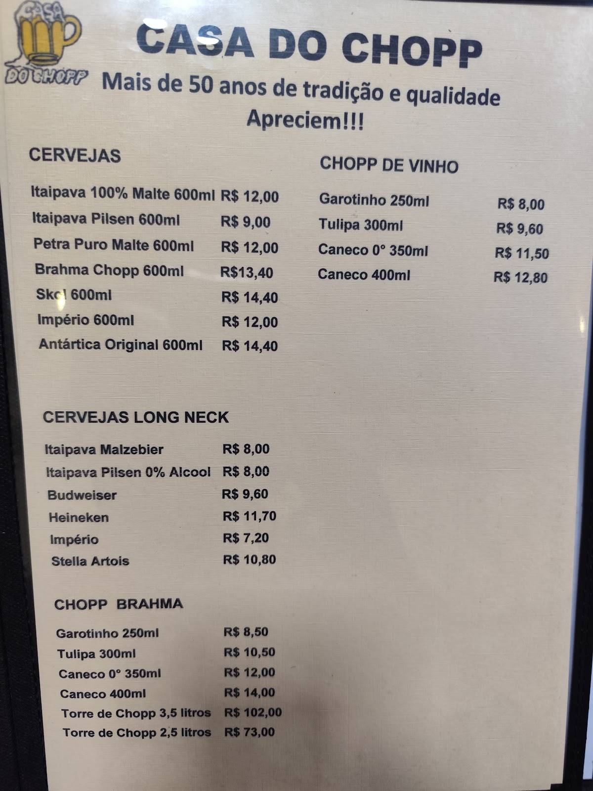 Casa do Chopp Restaurante e Pizzaria cardápio