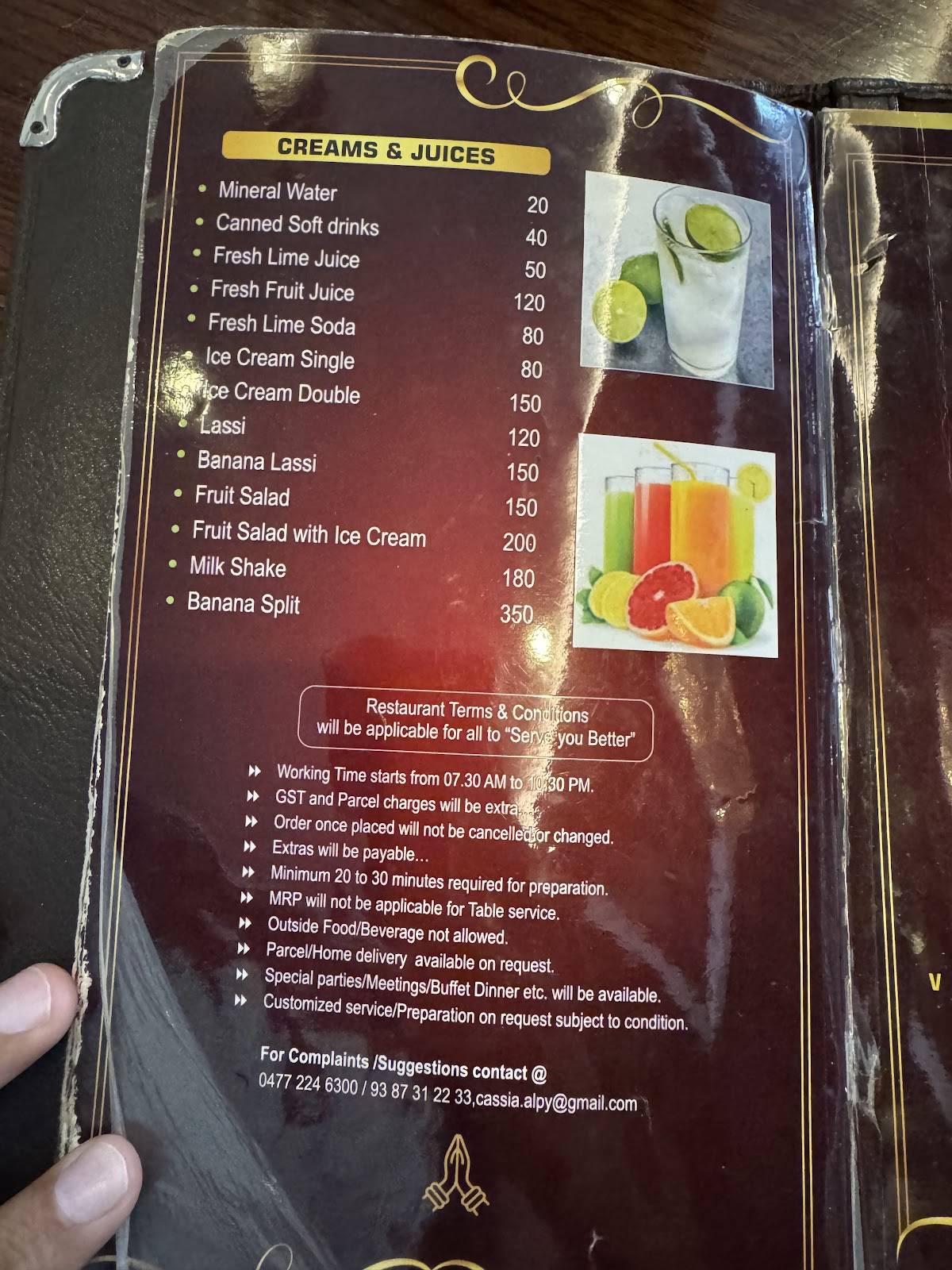 Cassia Restaurant, Alappuzha menu