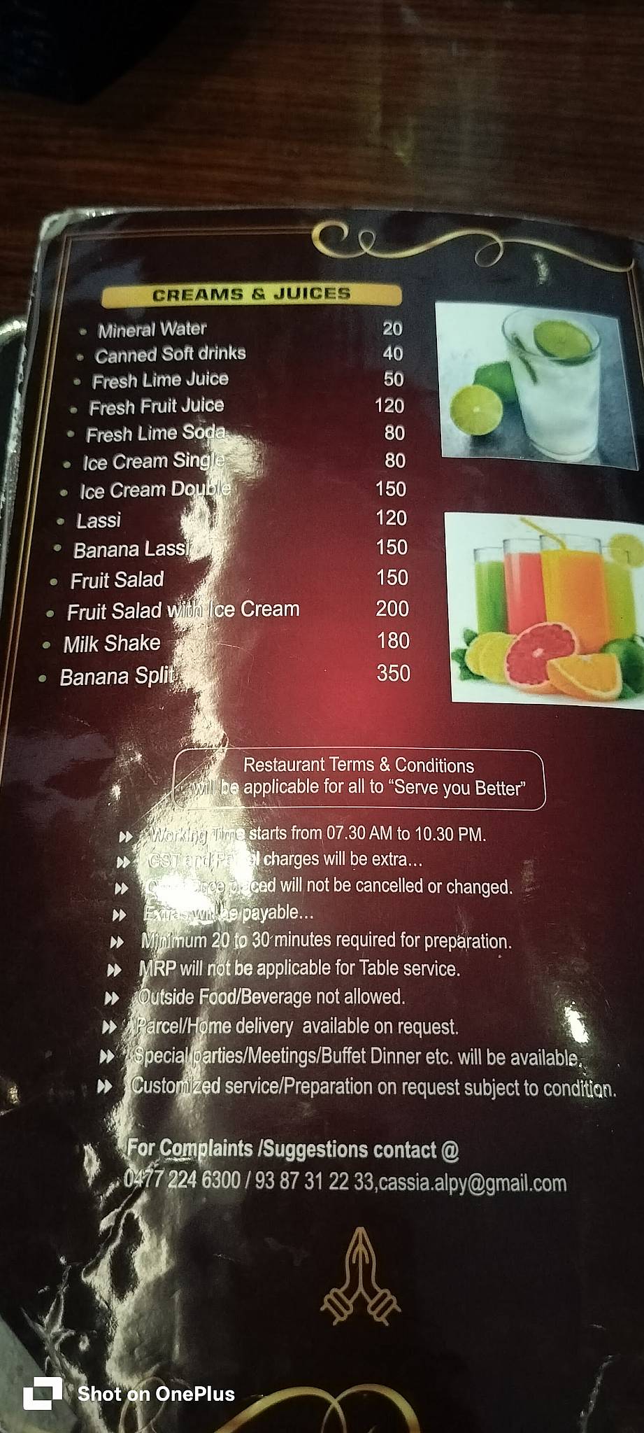 Cassia Restaurant, Alappuzha menu