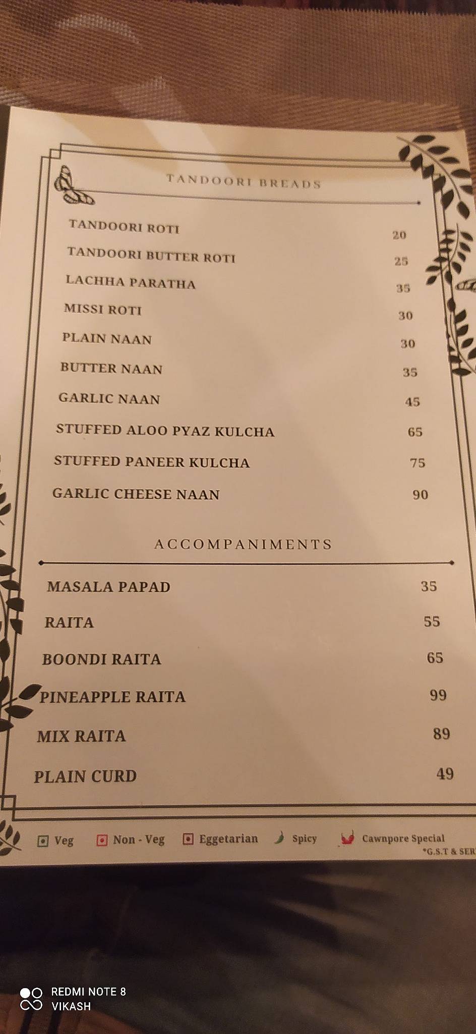 Cawnpore Kitchen menu
