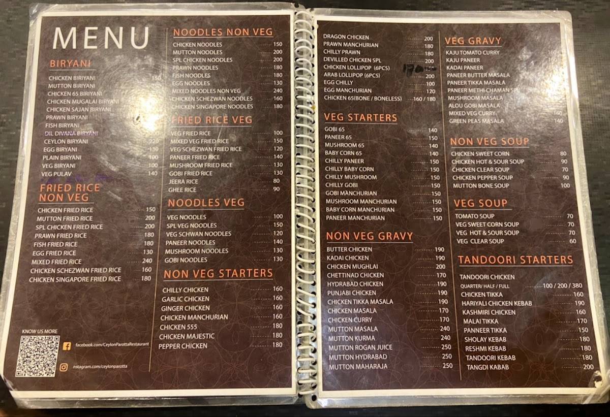Ceylon Parotta Multicuisine Restaurant menu