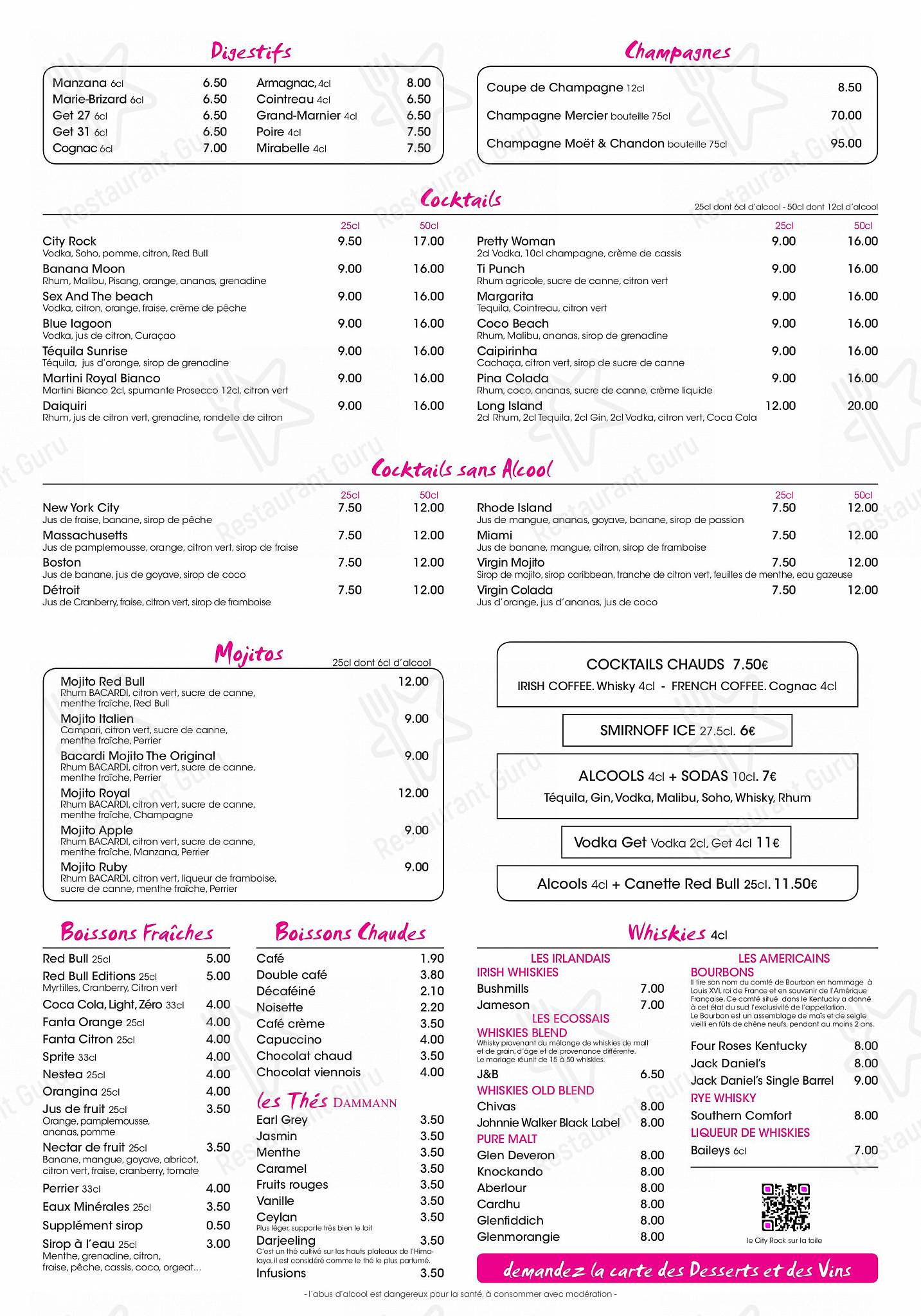 Menu pour City Rock Chambourcy restaurant