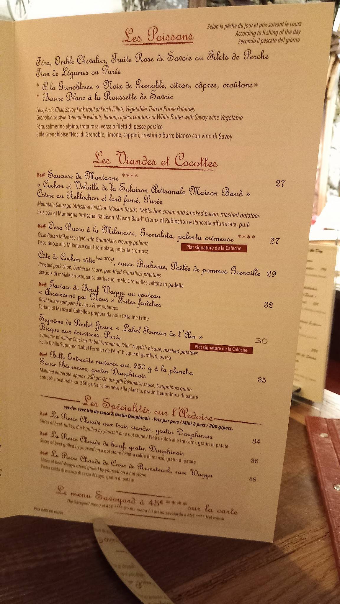 Menu de La Calèche