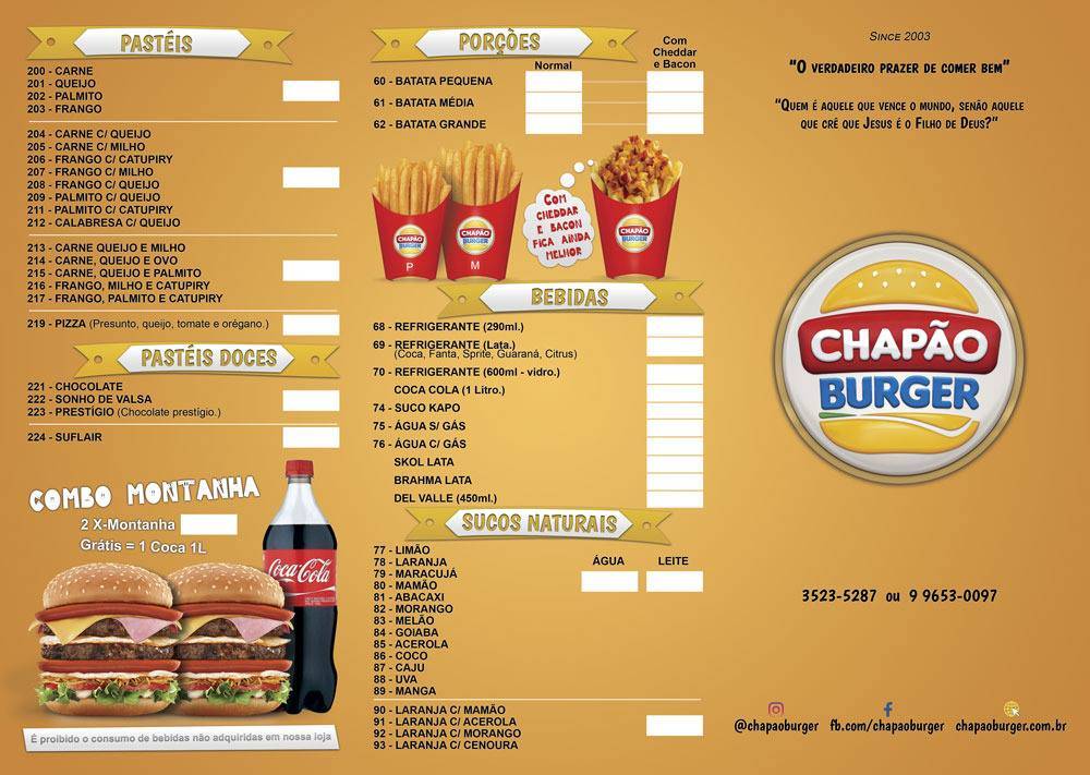 Chapão Lanches cardápio