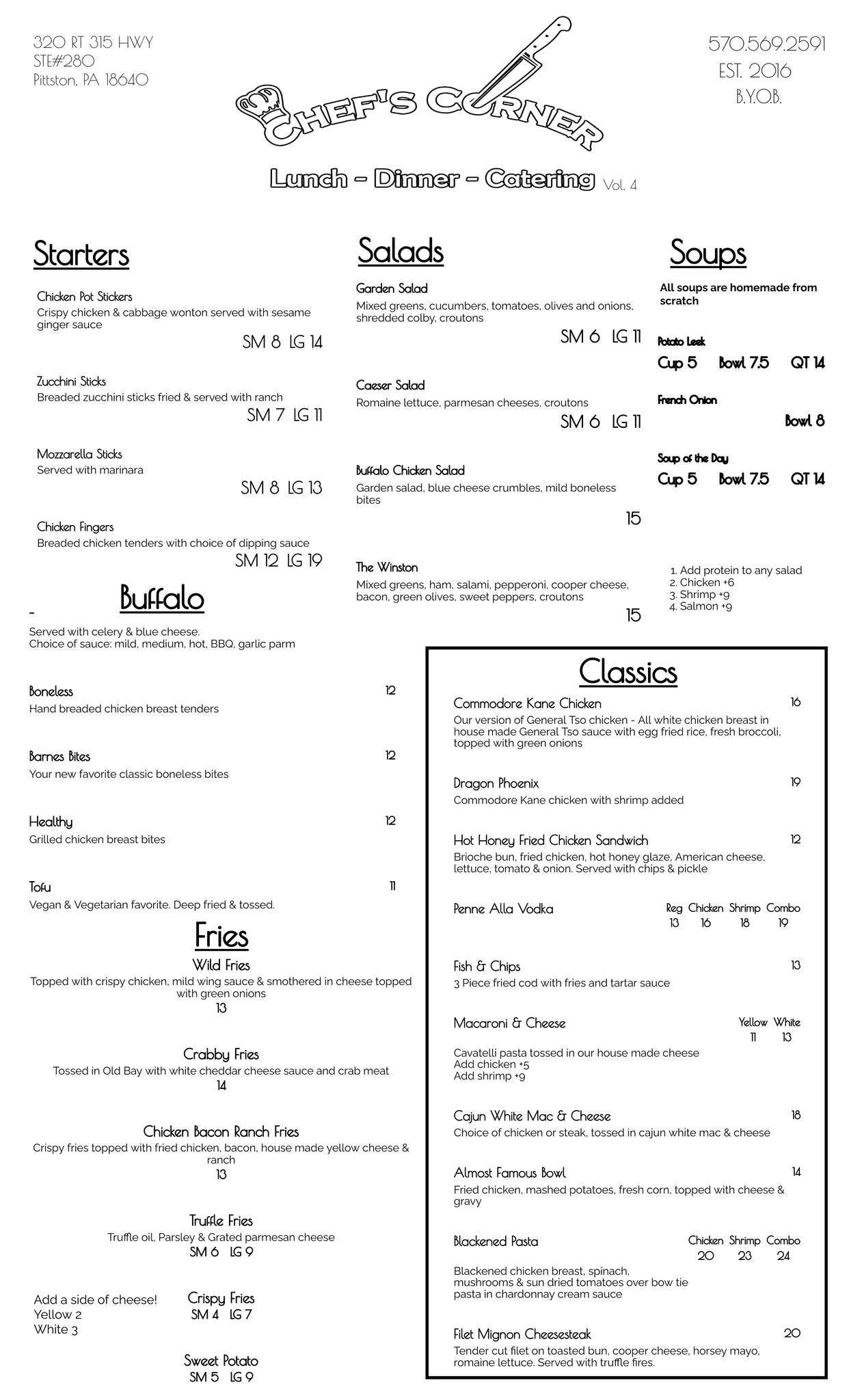 Menu at Chef's Corner restaurant, Yatesville, 320 PA315 Suite 280
