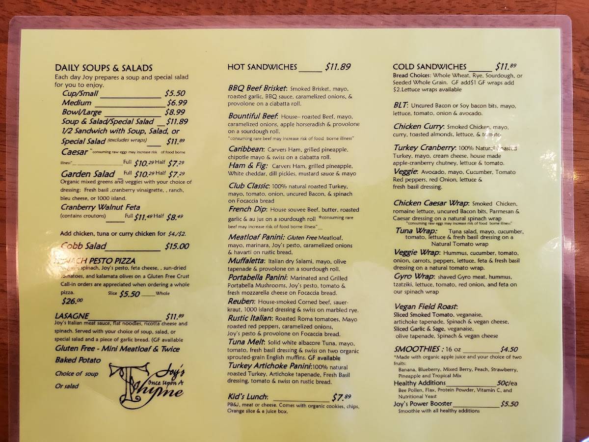 Menu at Once Upon a Thyme cafe, Chehalis