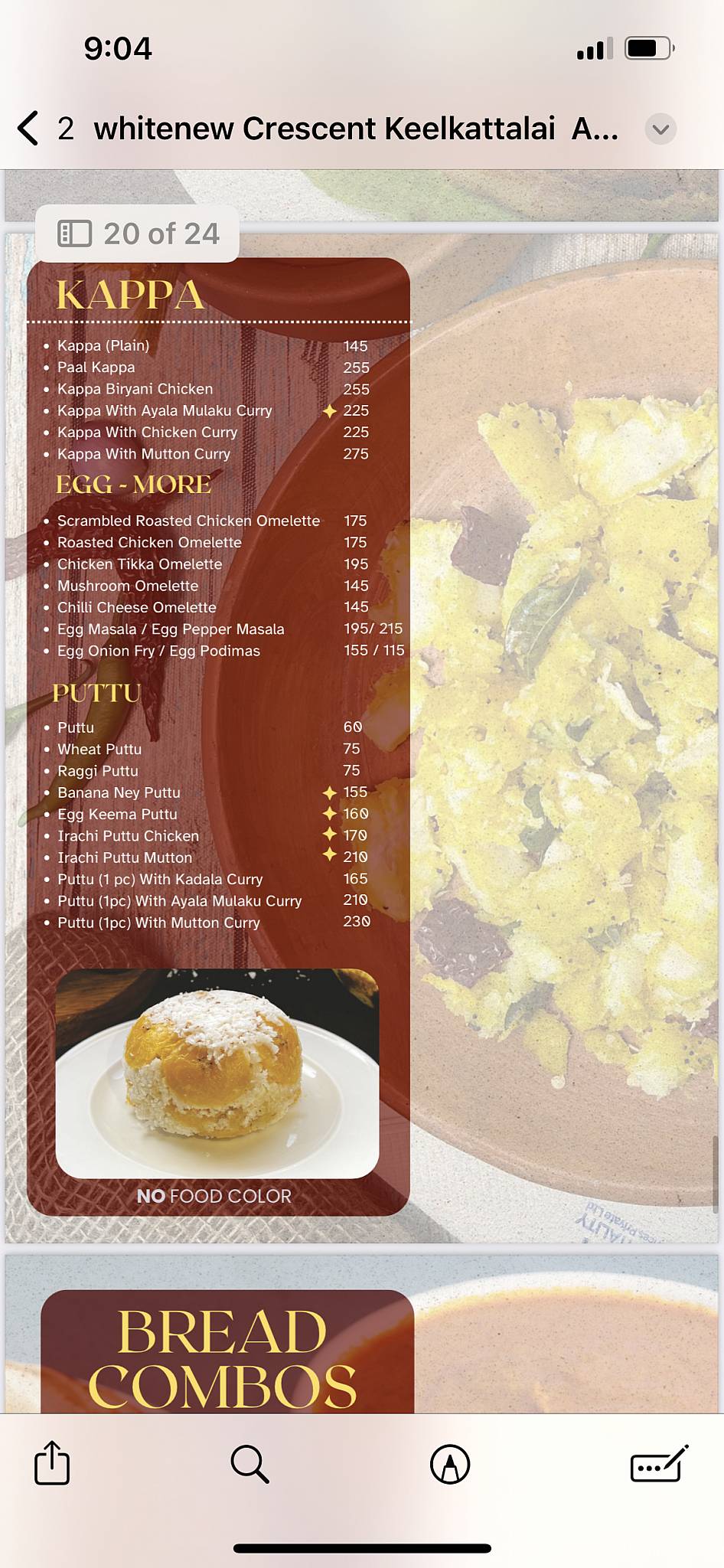 Crescent Restaurant, Keelkattalai menu