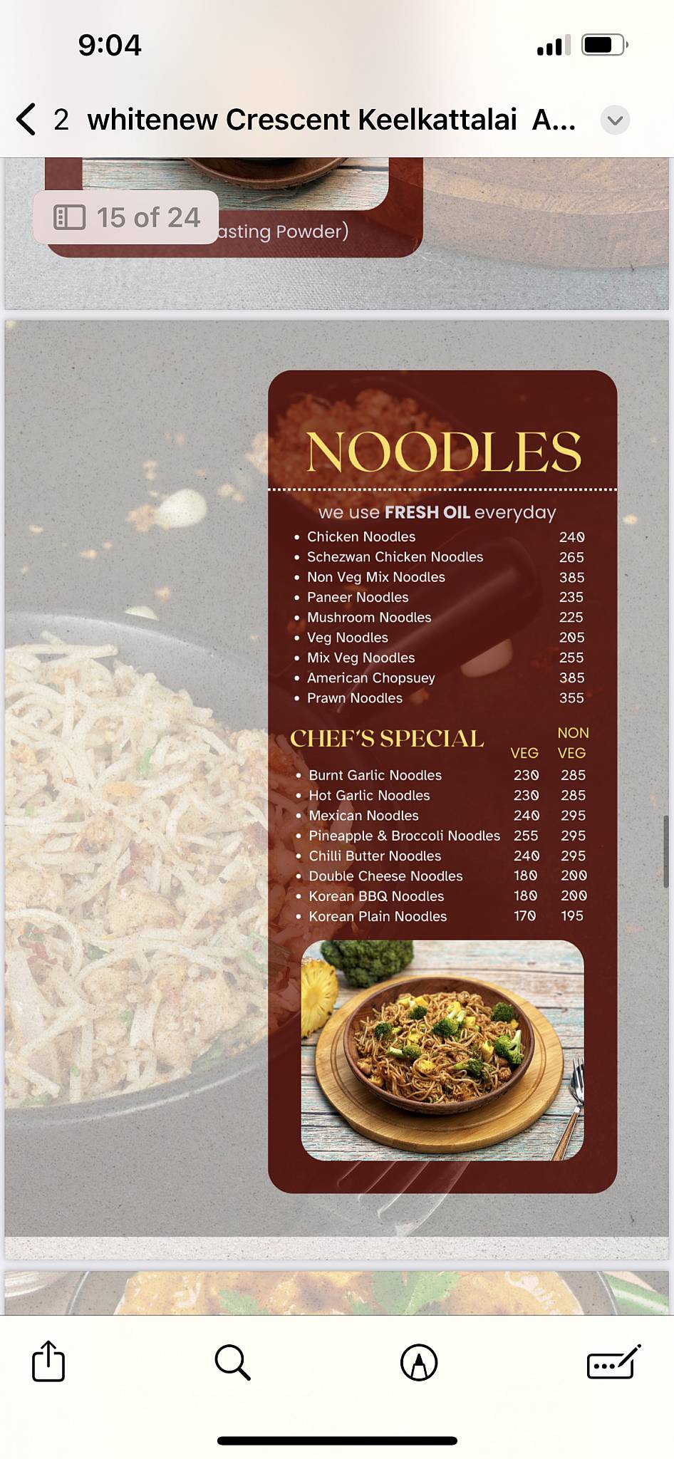 Crescent Restaurant, Keelkattalai menu