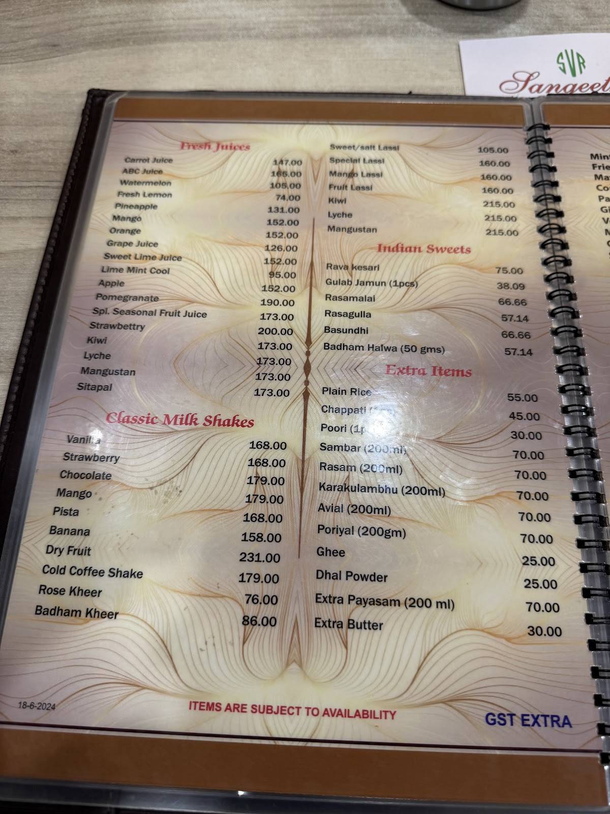 Sangeetha Veg Restaurant menu