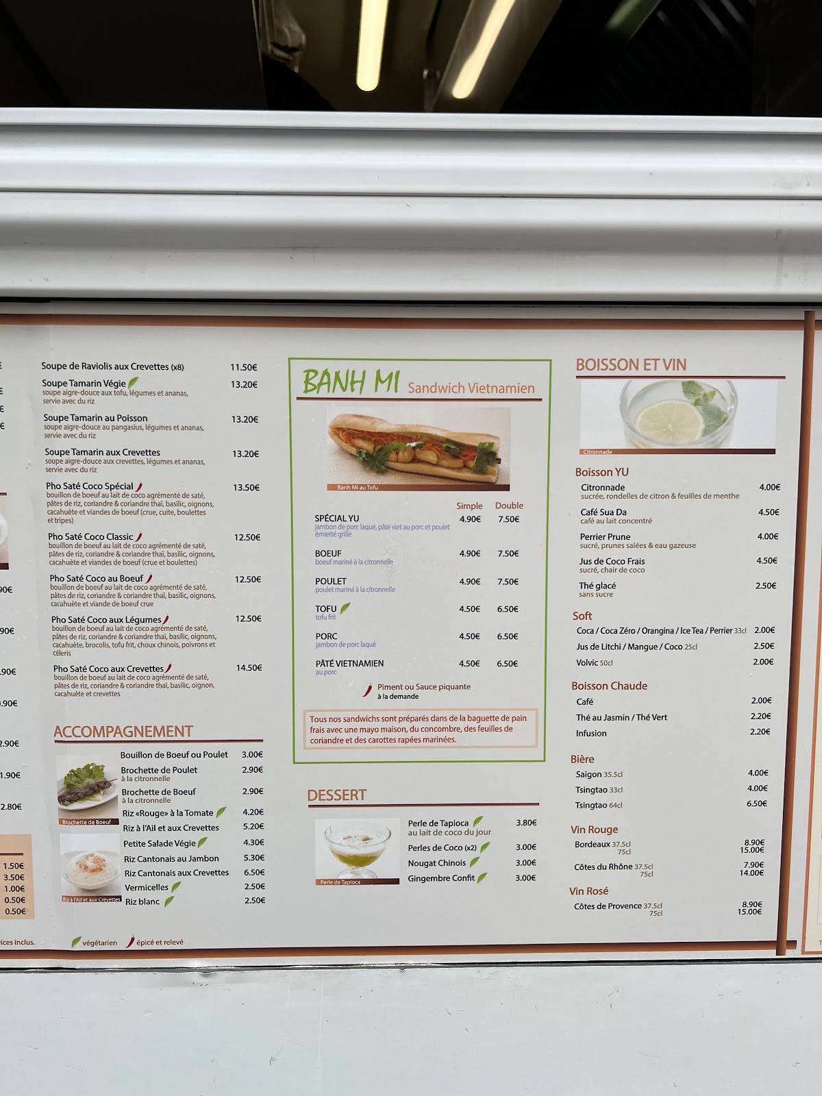 Menu de Chez Yu - Restaurant Vietnamien