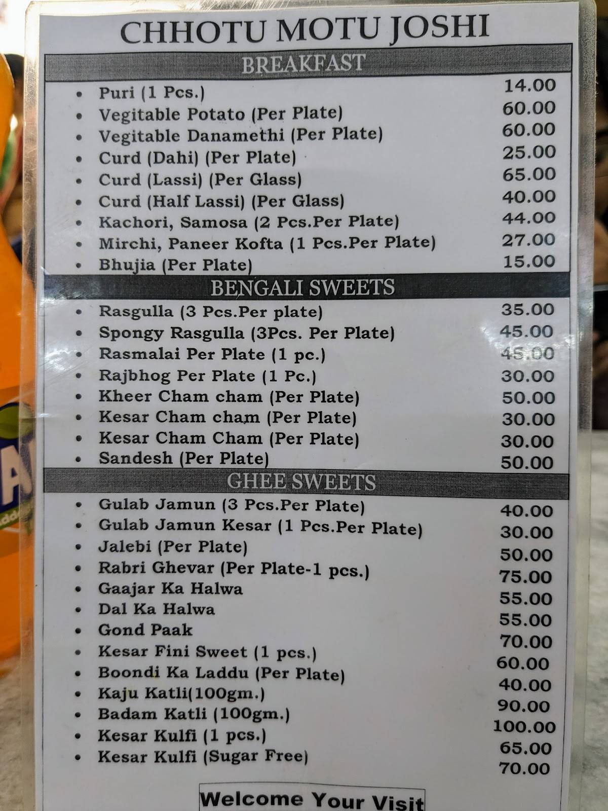 Chhotu Motu Joshi menu