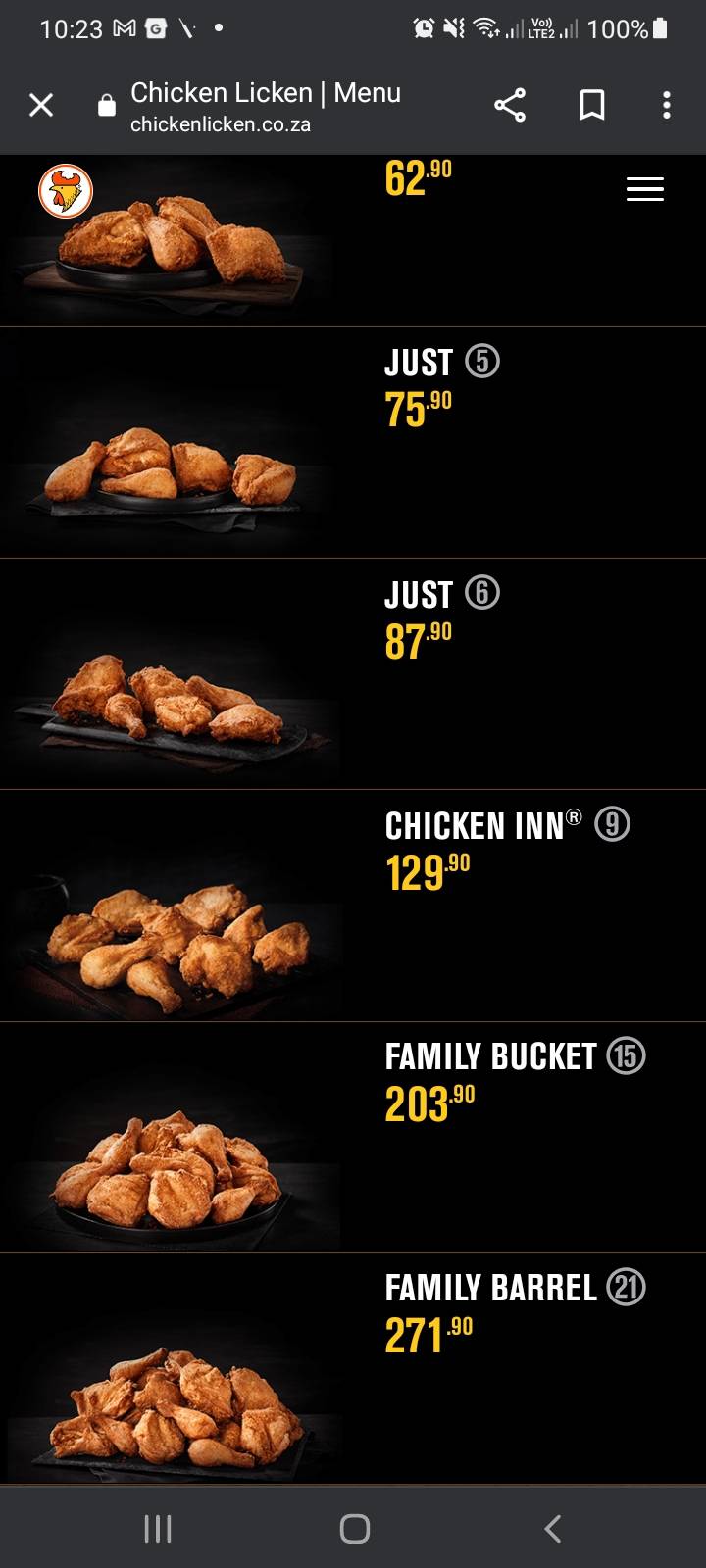 Menu at Chicken Licken Vicks Vikings restaurant, Soweto