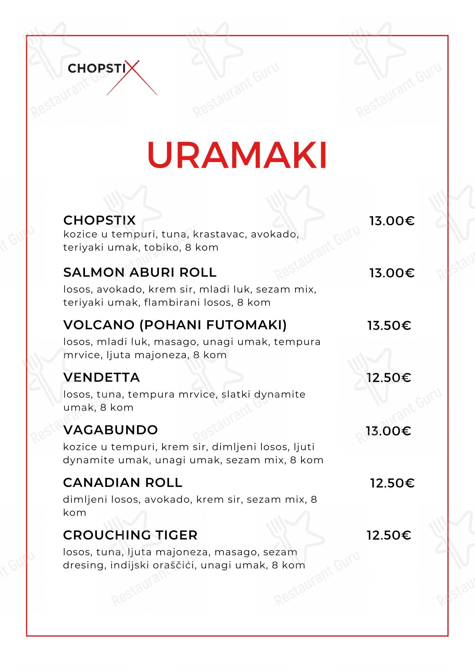 Menu per Chopstix Pan Asian Cuisine & Sushi bar ristorante