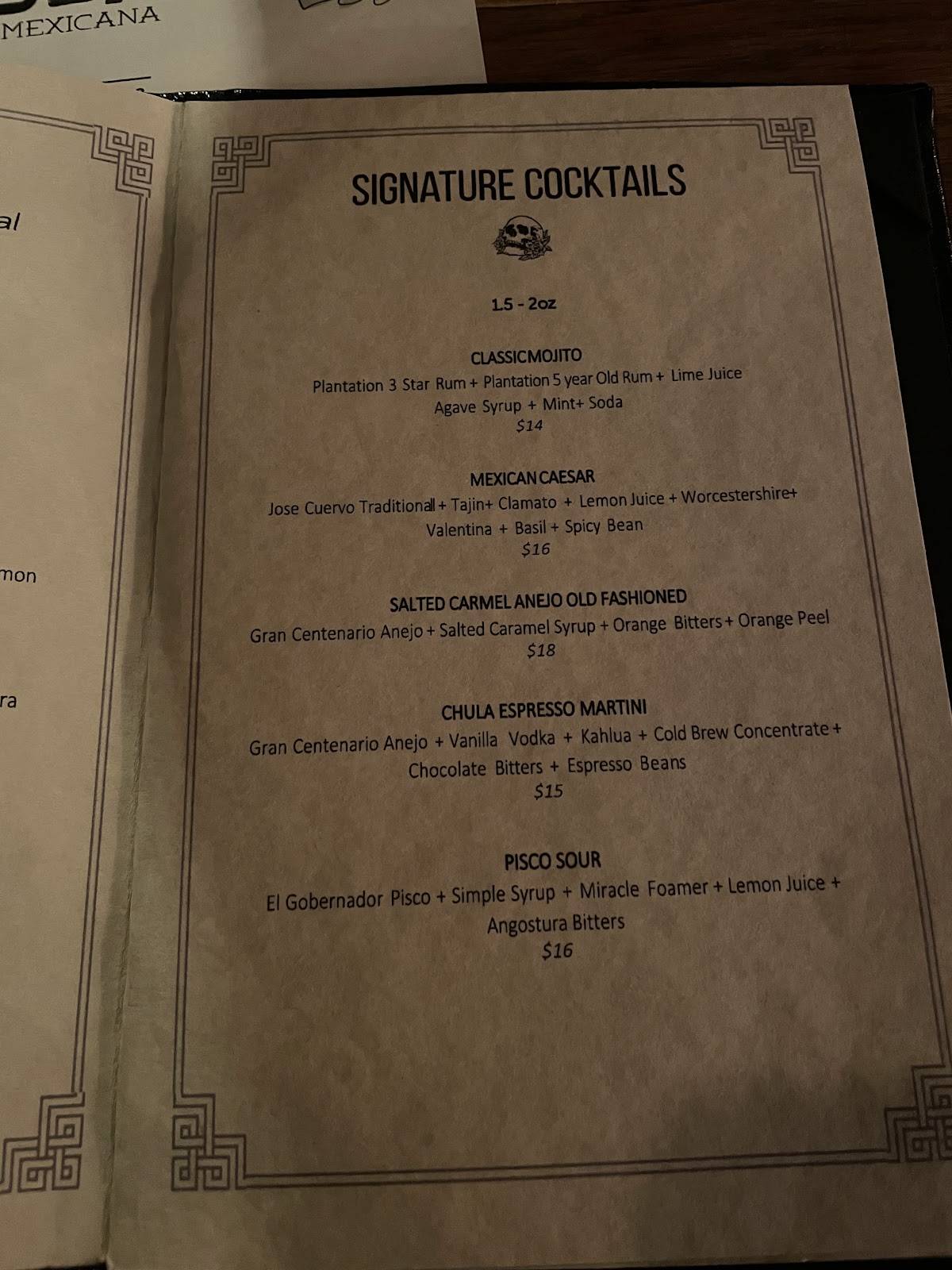 Menu de Chula Taberna Mexicana