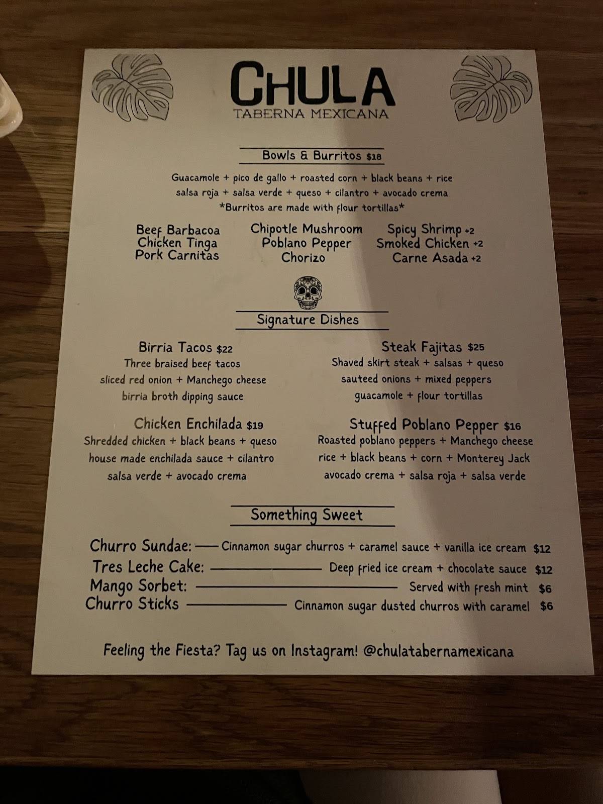 Menu de Chula Taberna Mexicana