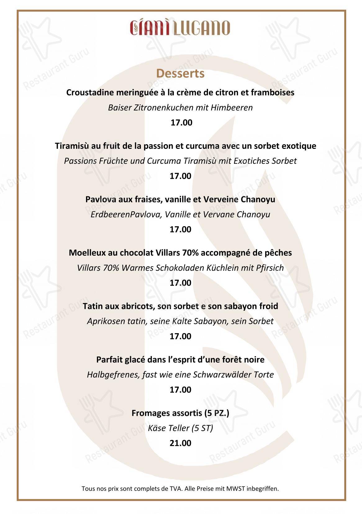 Dinner Menu per Ciani Lugano ristorante