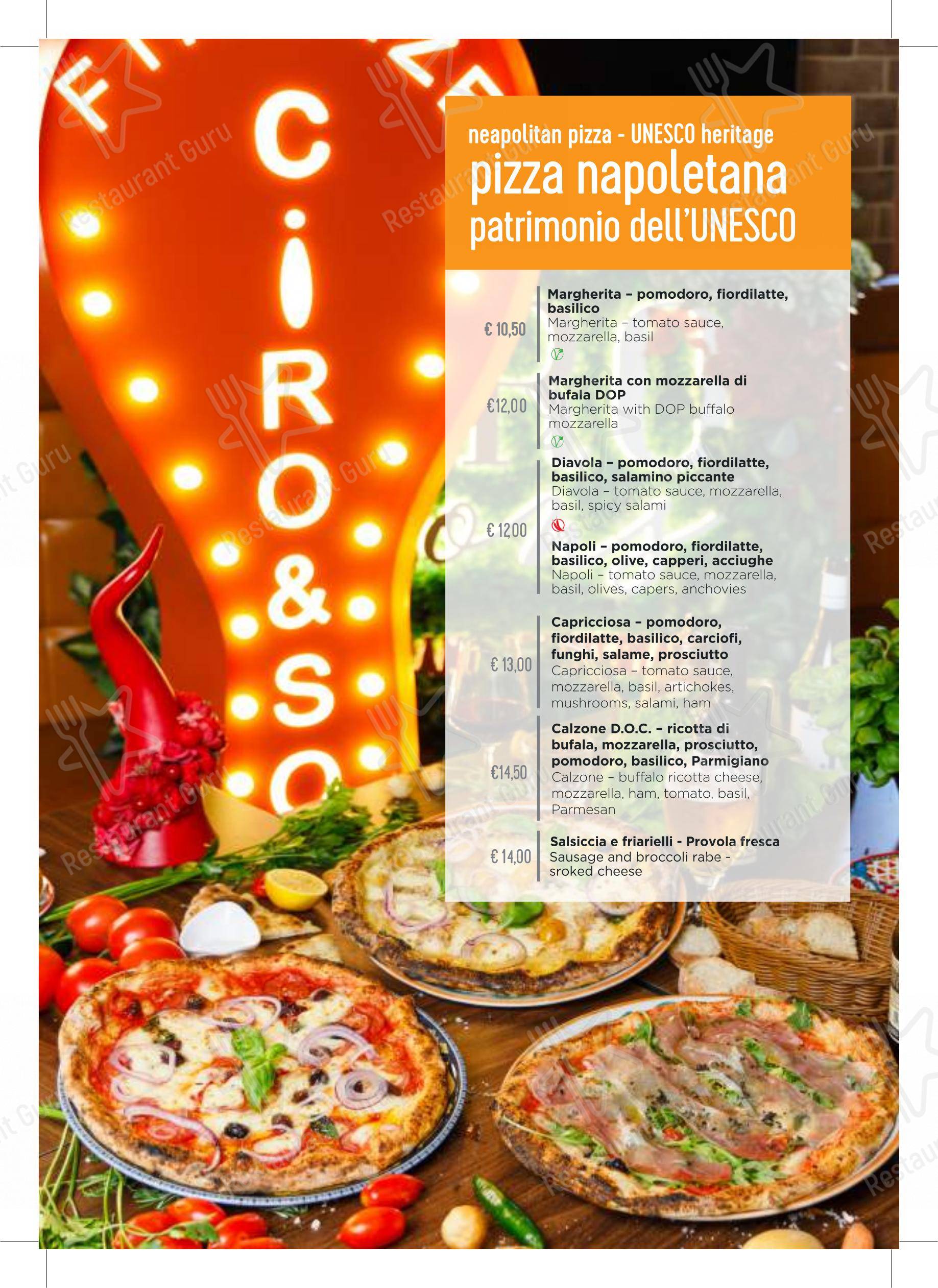 Menu pour Ciro and Sons - Restaurant Pizzeria Firenze dans Florence