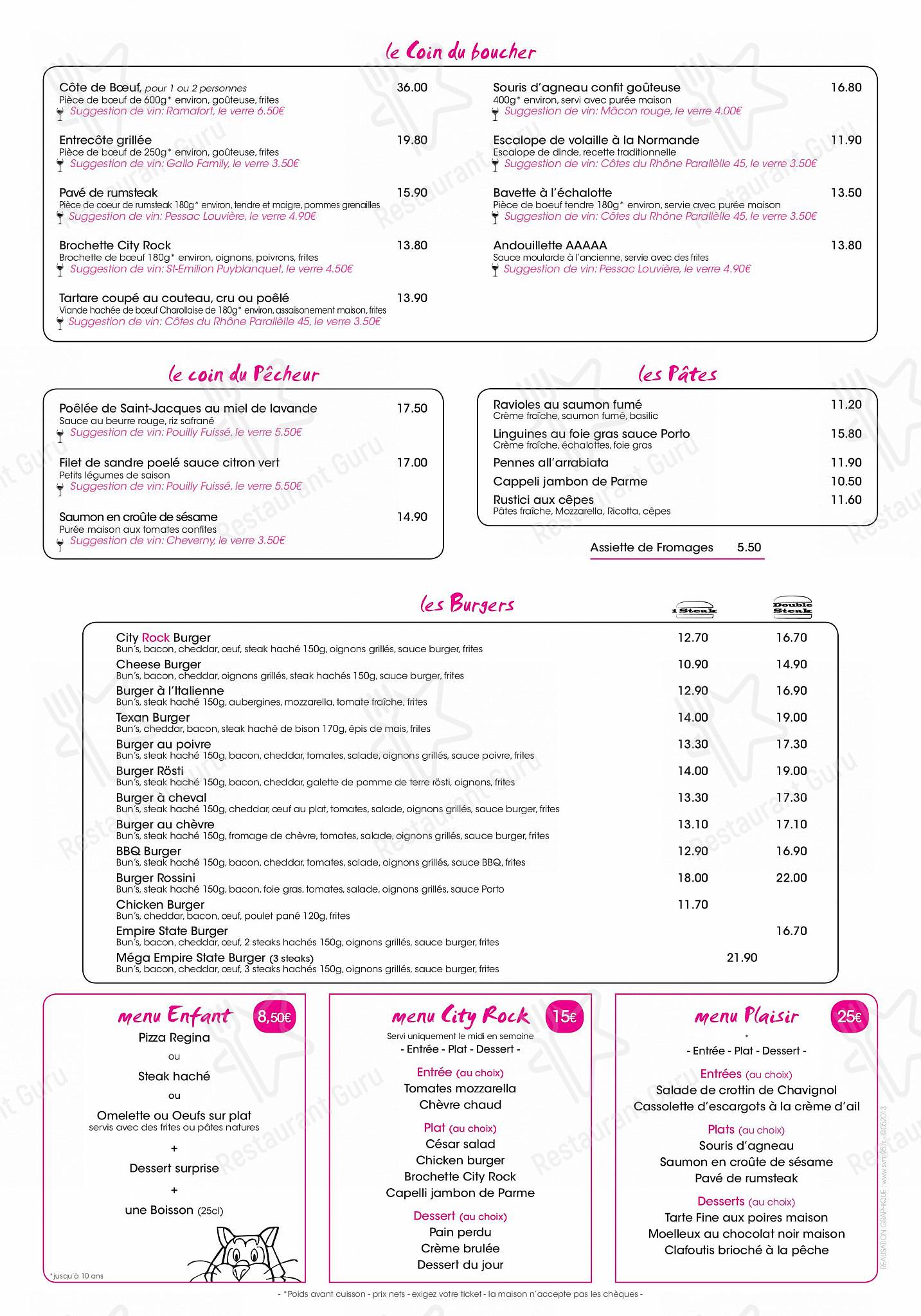 Menu pour City Rock Chambourcy - Menu