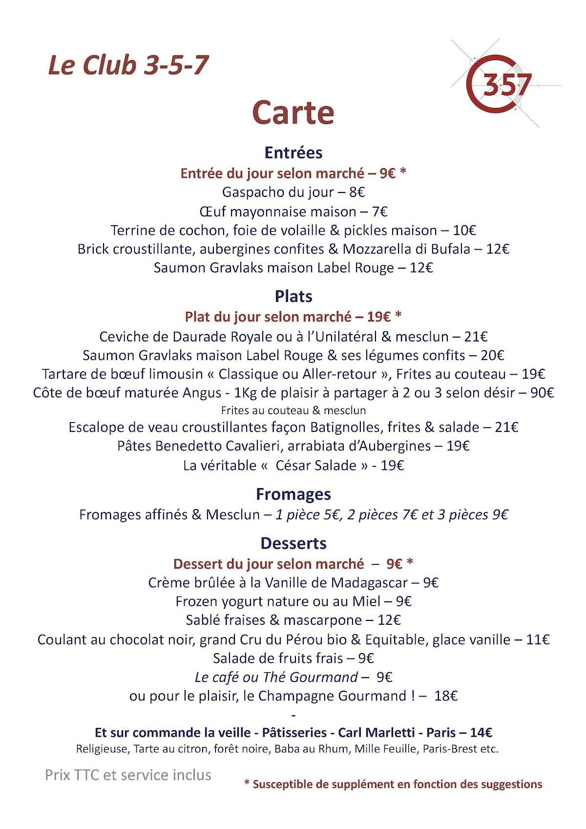 Menu de Club 3-5-7