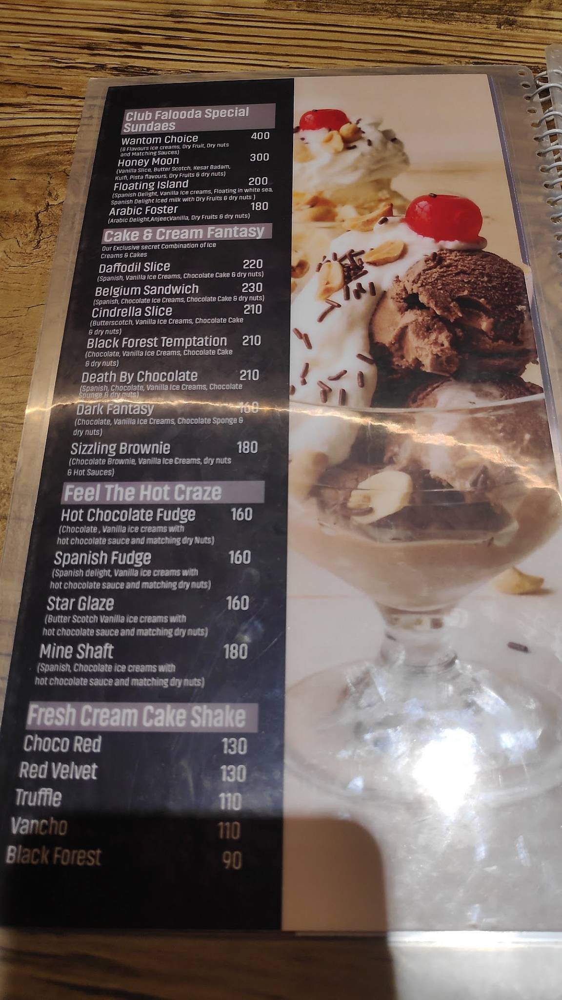 Club Falooda menu
