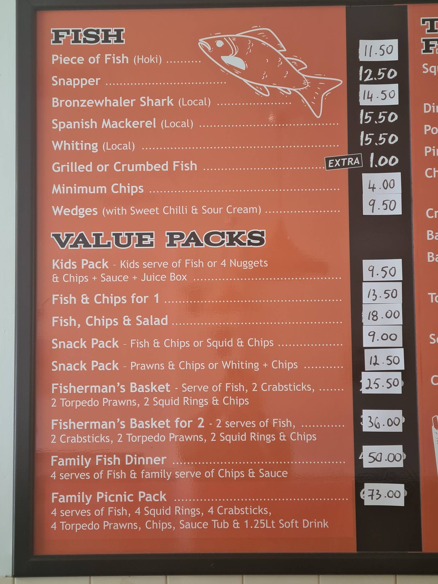 Menu at Cod Rocks fast food, Busselton