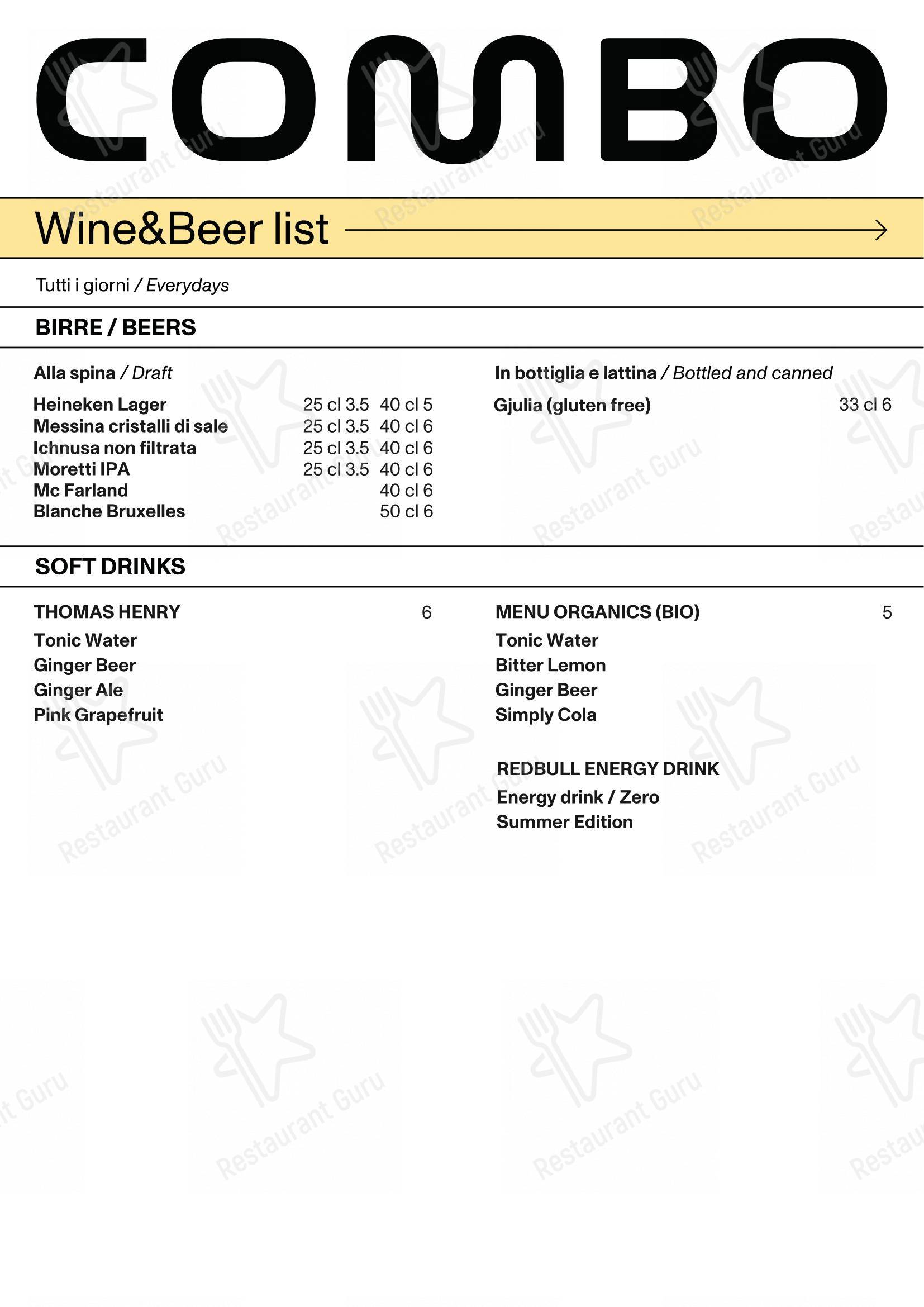 Menu per Combo, Milano pub & bar