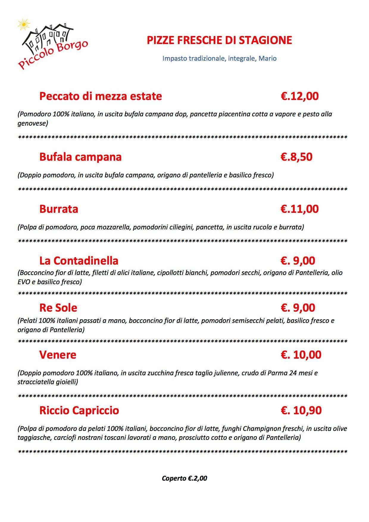 Menu di Trattoria Pizzeria Piccolo Borgo 