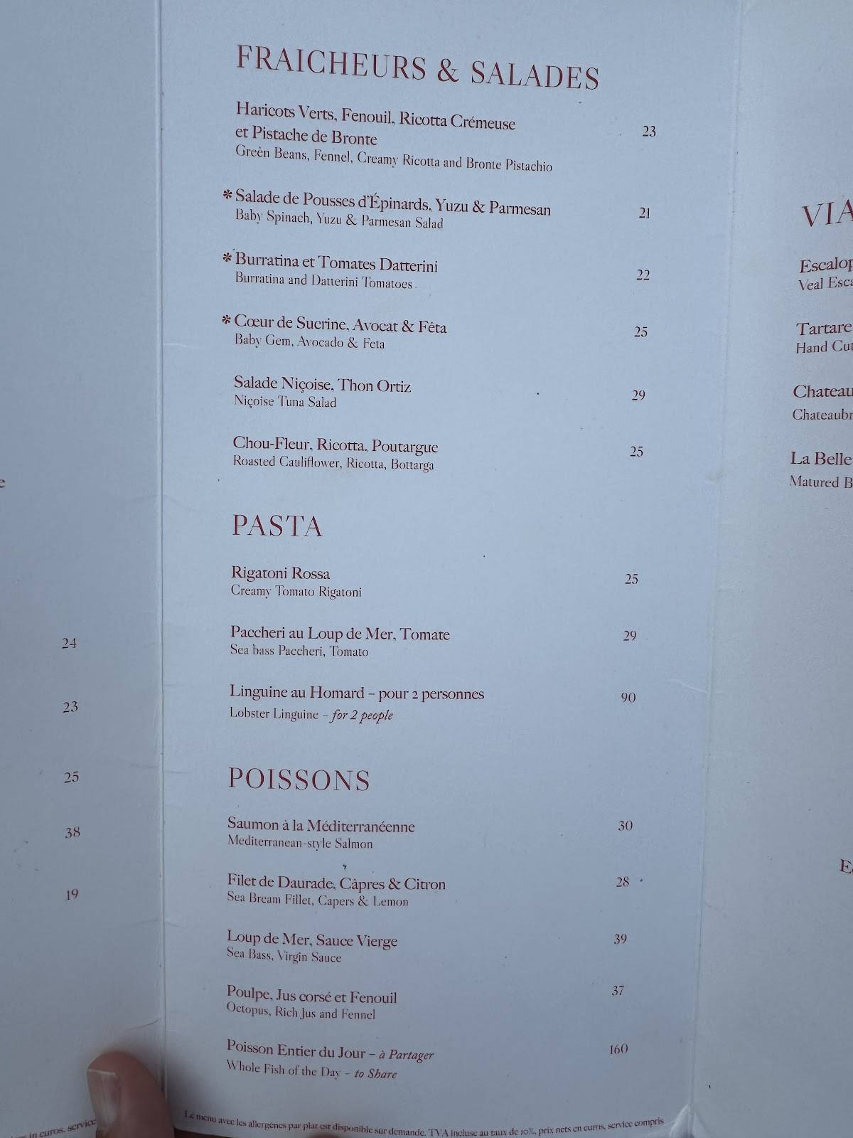 Menu de Corail Restaurant