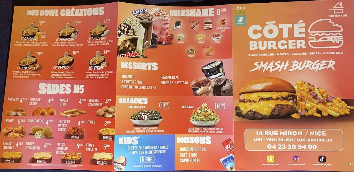Menu de Coté Burger Nice