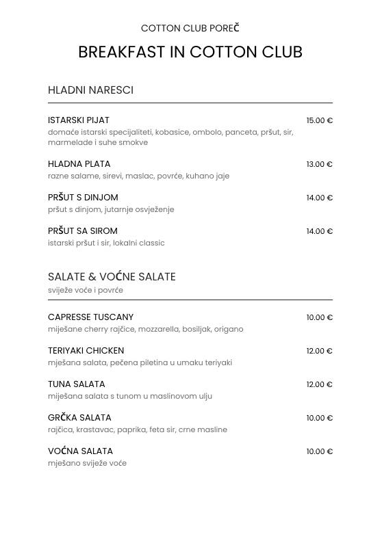 Menu di Cotton Club Porec 