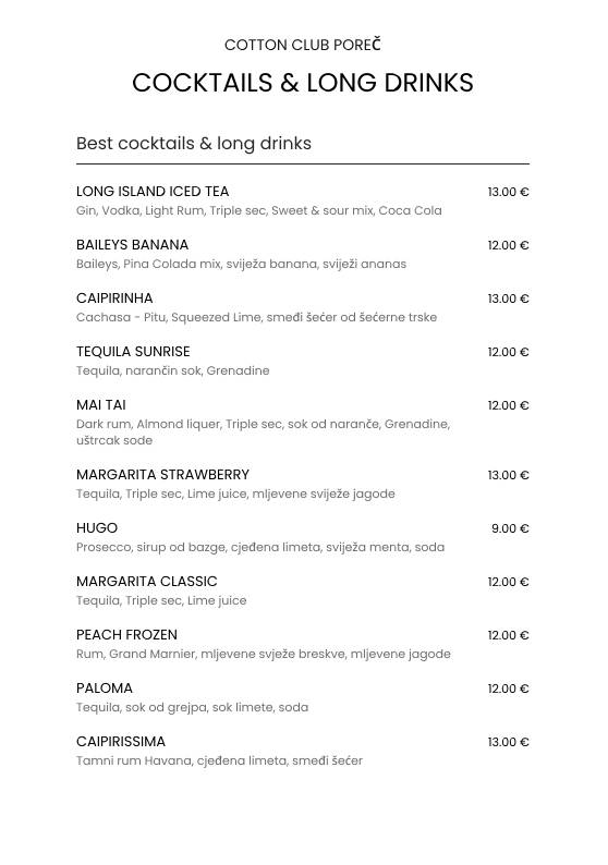 Menu di Cotton Club Porec 