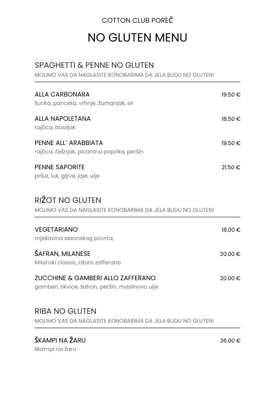 Menu di Cotton Club Porec 