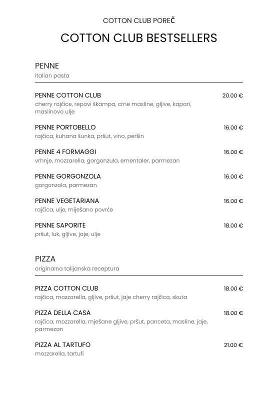 Menu di Cotton Club Porec 