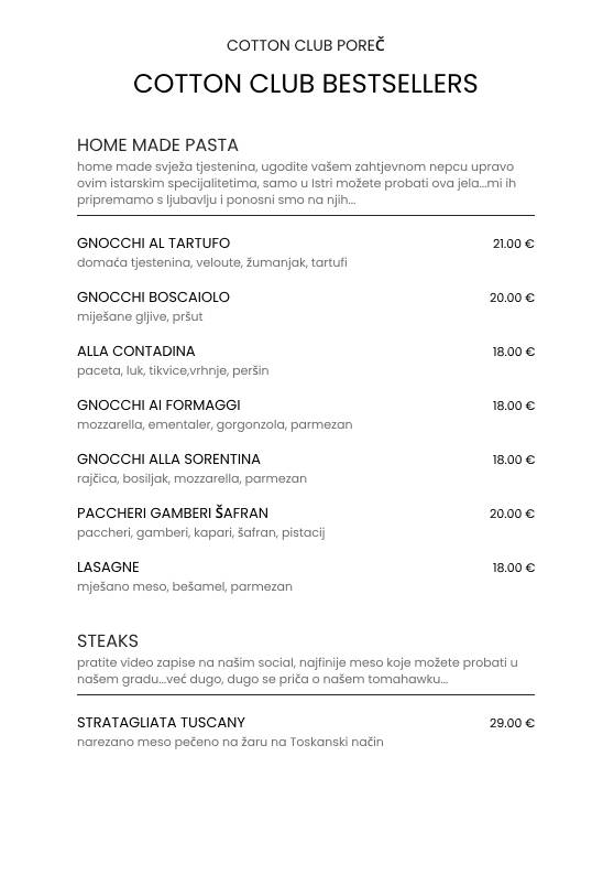 Menu di Cotton Club Porec 
