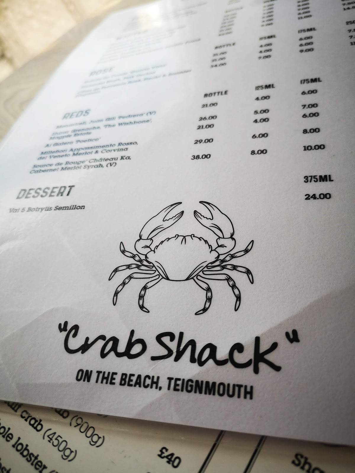 Menu at Crab Shack restaurant, Teignmouth