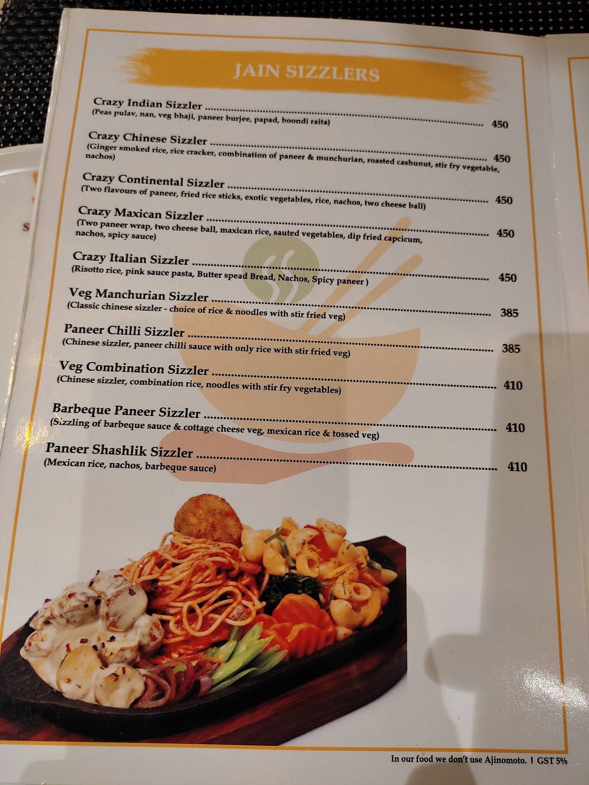 The Iraj crazy Sizzlers menu