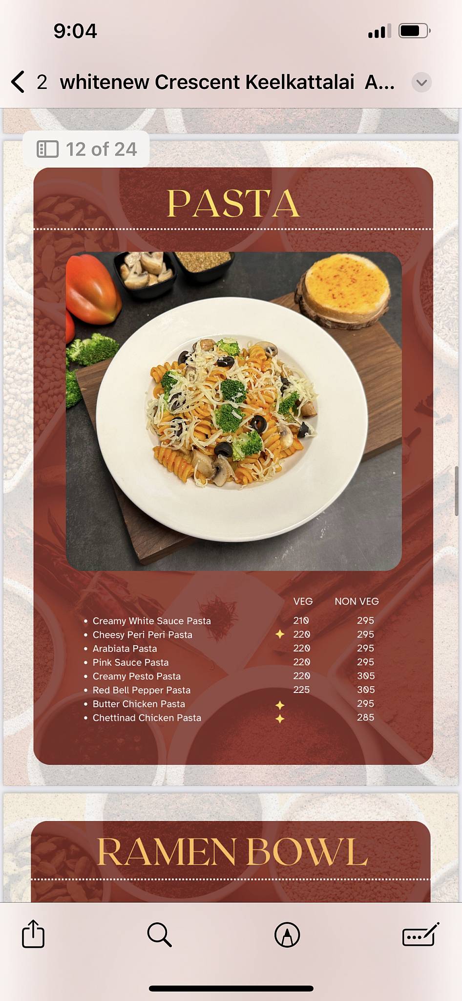 Crescent Restaurant, Keelkattalai menu