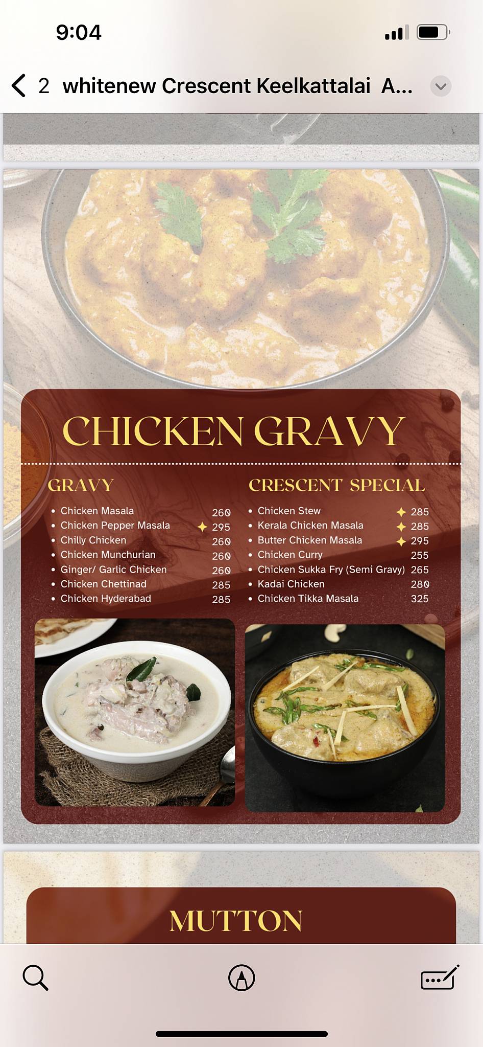 Crescent Restaurant, Keelkattalai menu